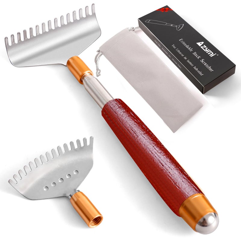 Back Scratcher with 2Pcs Detachable Heads, Azymi Telescopic Back-Scratcher for Women Men, Wide Claws/Roller Ball/Wooden Handle, Long Big Heavy Duty Head Body Scratcher Massager